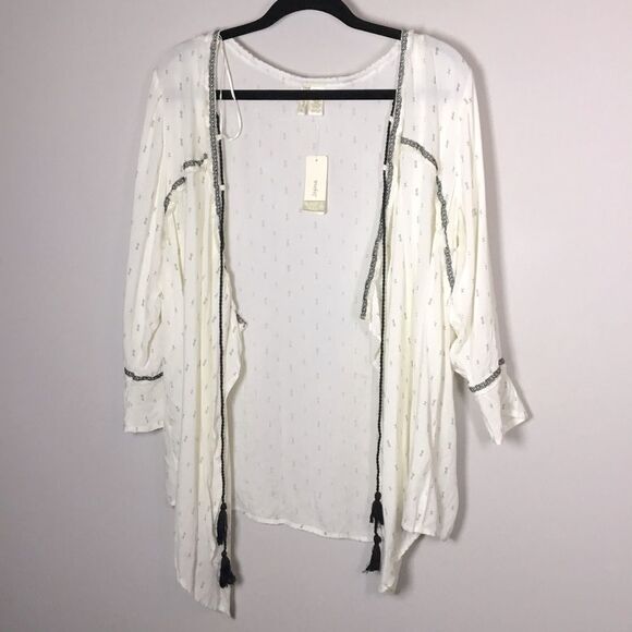 NWT open front duster asymmetrical hem long sleeve slightly sheer boho hippie L - Picture 1 of 8